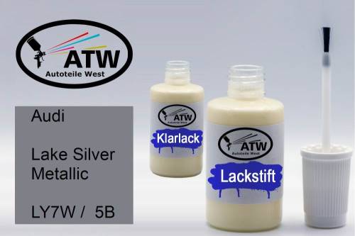 Audi, Lake Silver Metallic, LY7W /  5B: 20ml Lackstift + 20ml Klarlack - Set, von ATW Autoteile West.